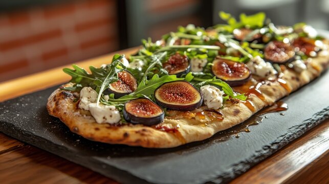 Gourmet fig, arugula, and cheese flatbread pizza on a slate platter.