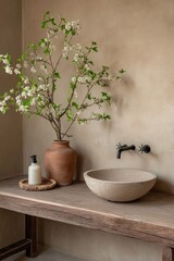 Minimalist Bathroom with Rustic Decor and Elegant Stone Sink