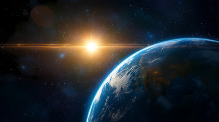 Earth in a precise orbital alignment, suns light piercing the vastness of space earth sun orbit, astronomical precision. Ecliptic Light. Illustration