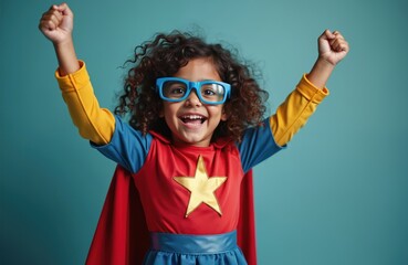 Happy little Indian girl in superhero costume and glasses with curly hair. Pretty child smiling, rising arms, posing as super hero. Cute small kid cheerful at blue background in studio.