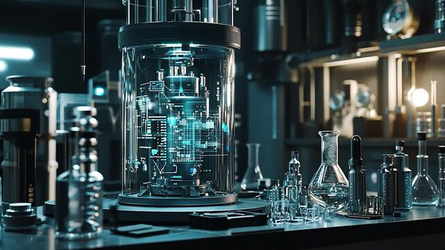 High-tech laboratory featuring advanced equipment and glassware, with glowing elements and a futuristic atmosphere