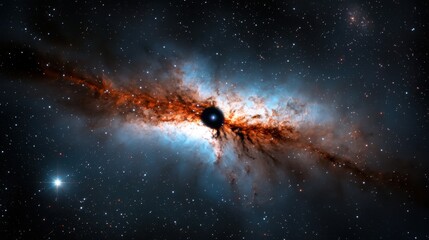 Obraz premium A stunning cosmic display reveals a swirling galaxy illuminated by bright stars, with a prominent black hole at its center. The brilliant hues of blue and orange paint the vastness of space