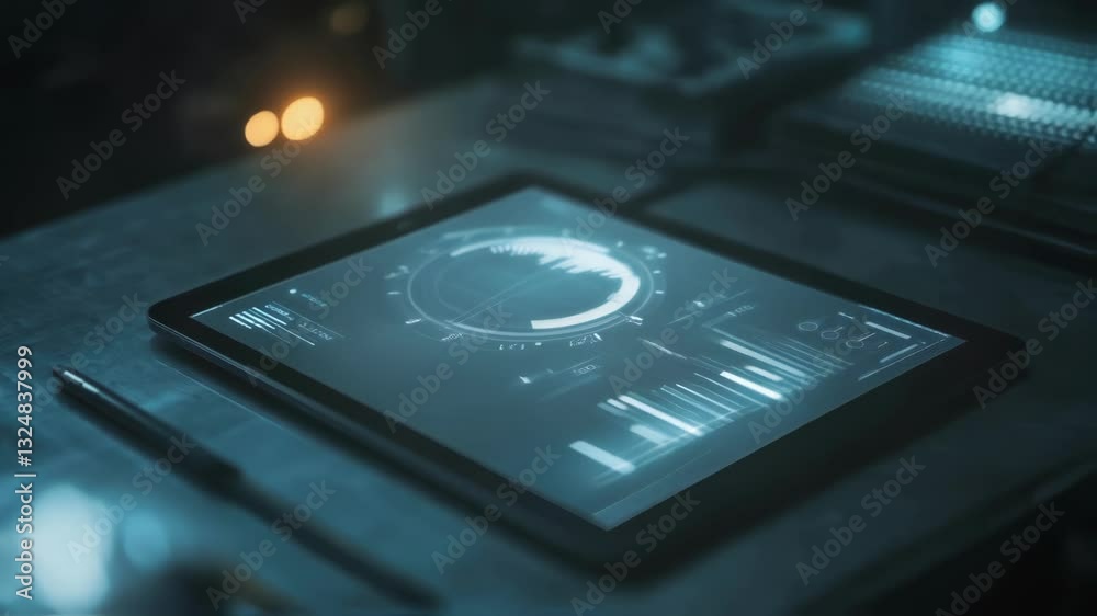 Aufkleber monitoring and optimizing innovative manufacturing processes with a futuristic tablet displaying com