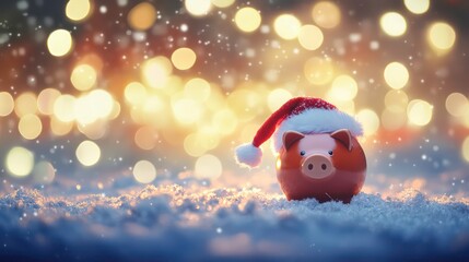 Red piggy bank with Santa hat, on a snowy surface against a bokeh background with lights. Great for depicting Christmas savings, holiday finances, or festive sales