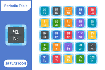 Periodic Table Flat Icons Set, Collection of Periodic Table elements Flat Icons Set - 25 Vector Icons for Chemistry, Elements, Science Education, and Periodic Chart