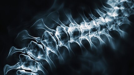 A detailed representation of a human spine is displayed, showing the alignment of vertebrae and neurological pathways. This x-ray is used for examination and study in medical fields