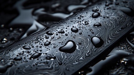 Wet Damascus steel blade, dark background, water droplets, close-up, product shot © AFFANYUDA