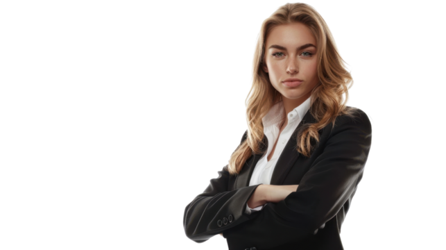 Serious businesswoman crossing arms on transparent background