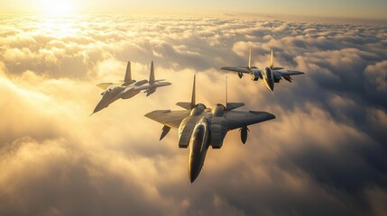 Three fighter jets are flying in formation above towering clouds at sunset, with vibrant hues illuminating the sky. This display highlights advanced aviation skills