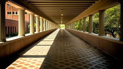 Fototapeta premium Long Corridor With Series Of Beige Columns And Tiled Floor With Brick Building And Green Foliage In Background