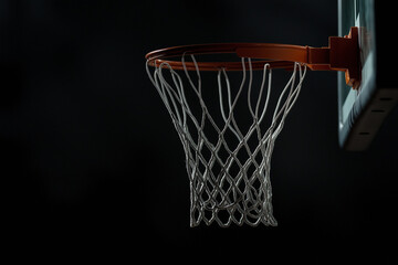 Basketball hoop with net illuminated against a dark background, showcasing a moment of anticipation for a perfect shot