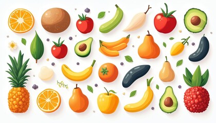 Illustration of healthy balanced diet with carbs, proteins, fats, fiber. Food products like fruits, vegetables arranged in dietary nutrition categories. Flat illustration of healthy eating isolated