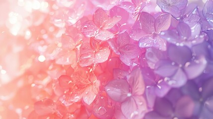 Obraz premium Delicate hydrangea flowers bloom in shades of pink and purple, their petals glistening with dew drops, showcasing the beauty of spring in a tranquil garden atmosphere