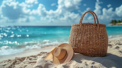 A close-up of beautiful sandals and a beach bag on the sand, with sun and sea behind them
