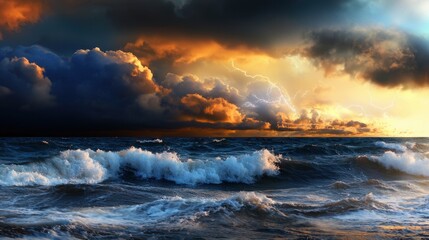 Fototapeta premium A storm brews over the ocean during twilight, with dark clouds swirling and flashes of lightning illuminating the sky. Waves crash energetically against the shoreline as the light fades