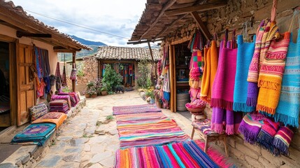 Colorful textiles displayed at a marketplace in a charming village