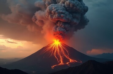 Aerial view of volcano eruption with smoke and lava flowing down mountain. Natural disaster on island. Orange flames sunset landscape background. Tour destination or inferno hell concept.