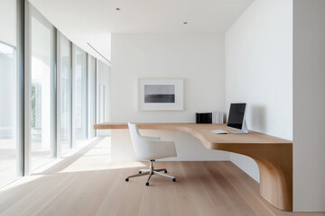 Fototapeta premium Modern workspace design with minimalist furniture in a bright and airy setting