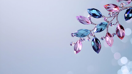 Fototapeta premium Elegant Crystal Leaf Jewelry Decorative Branch Displayed Against Soft Blue Background With Sparkling Bokeh Effect