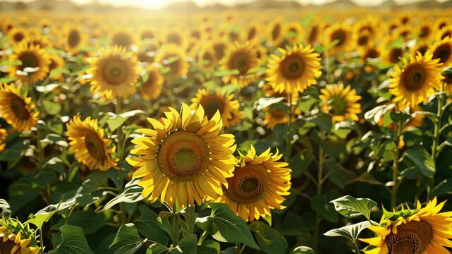 Sunlit sunflower field swaying gently in the summer breeze
