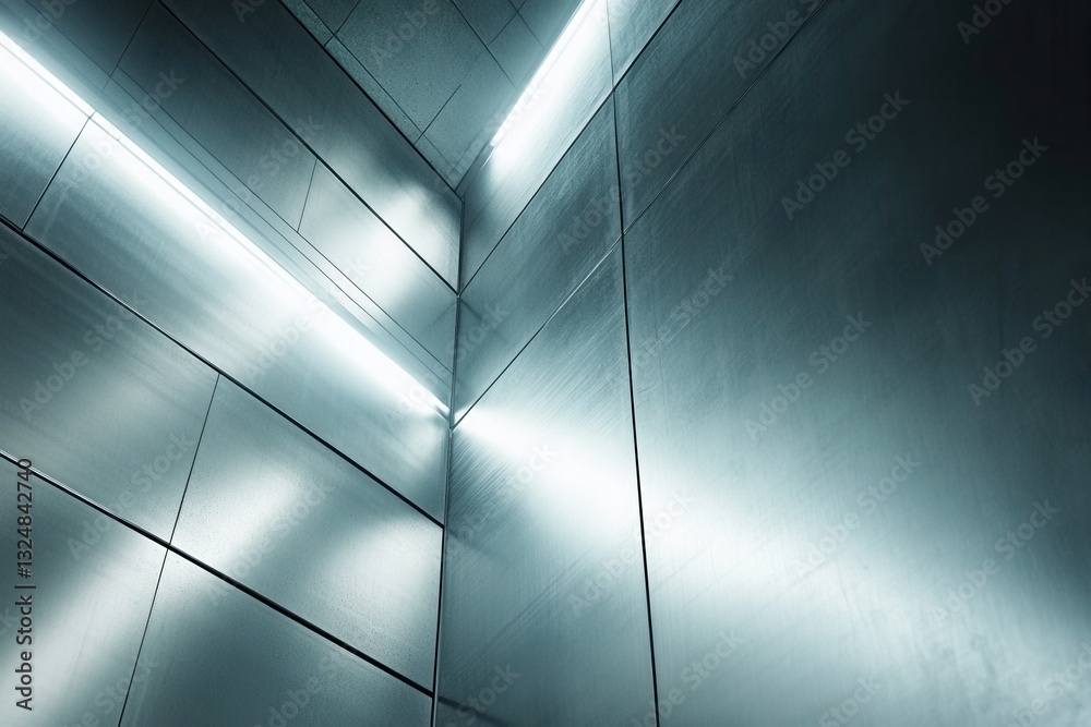 Fototapete Dynamic metallic background with glowing lines in industrial style creating a sleek visual impact and perfect space for modern text