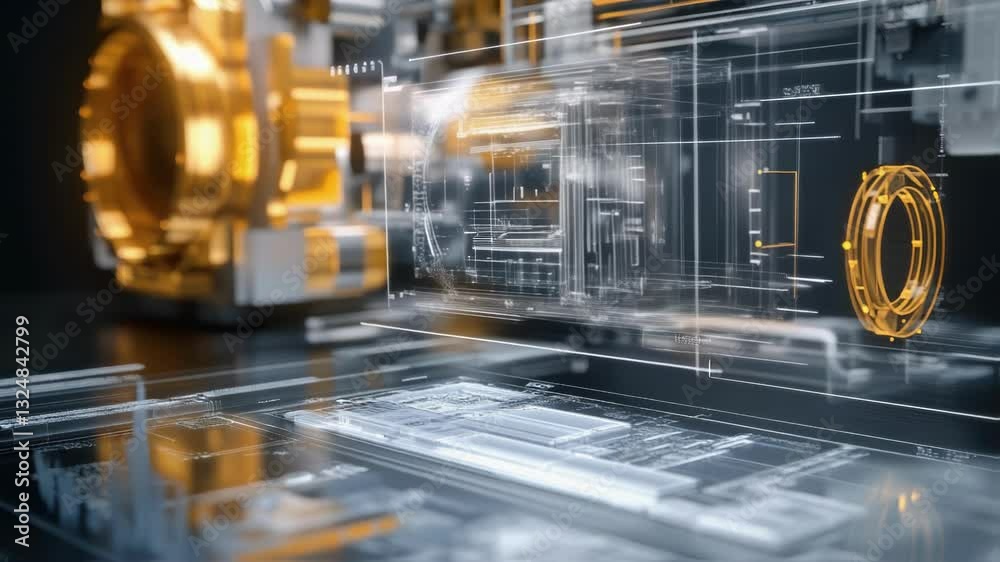 Poster holographic projections featuring intricate engineering designs and technical data highlight the fus