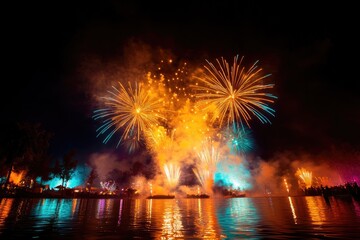 Vibrant Fireworks Display Over Water at Night Celebration Event with Colorful Sky