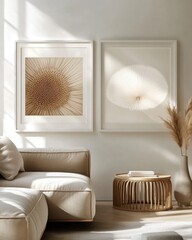 Abstract art prints in beige tones adorn a minimalist living room.