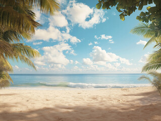 Beautiful sandy beach with clear blue sky and calm waves during a sunny day in a tropical paradise