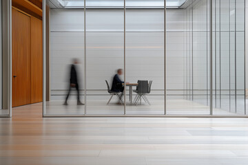 Business meeting taking place in a modern office space with minimalist design and glass walls in a well-lit setting