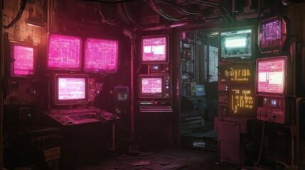Fototapeta premium Retro Futuristic Cyberpunk Control Room: Neon Glow in a Digital Oasis