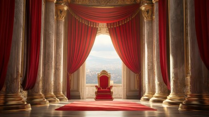 Regal scene depicting a royal throne in a grand castle hall, with red drapes, ornate columns, and a view of a kingdom in the background. Ideal for fantasy, historical, or power-themed visuals