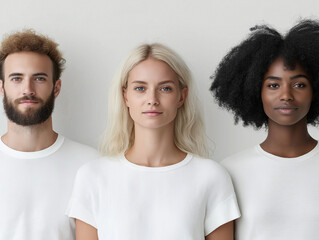 Diverse group of three people wearing white shirts posing in a minimalistic studio setting with neutral background