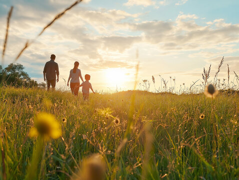 Family enjoys a peaceful evening stroll in a sunlit field during the golden hour