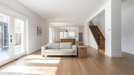 Fototapeta premium Bright and spacious living area in a modern home with minimalist design and a moving box