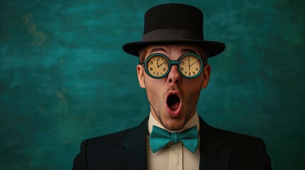 Surprised Man in Vintage Suit with Clock Glasses and Bow Tie Against Teal Background