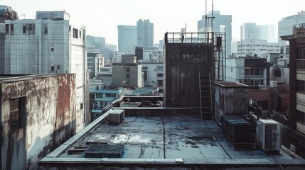 A cityscape view from a rooftop with surrounding buildings in sight