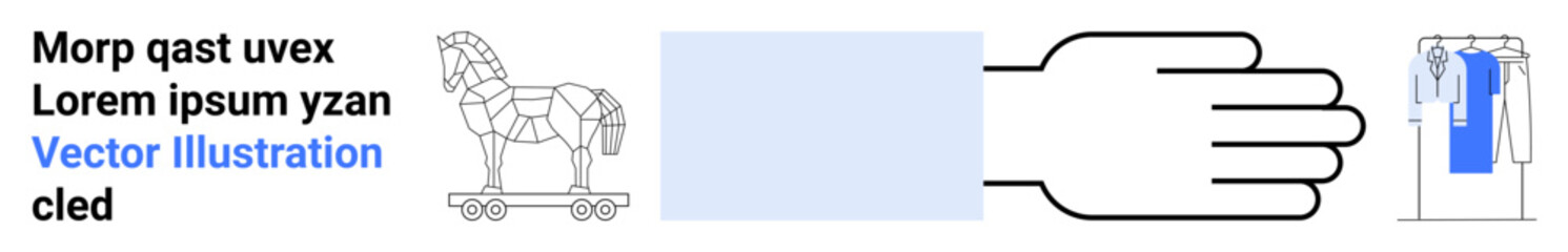 Large hand gesture, geometric Trojan horse, placeholder text, and hanging clothes represent diverse themes and ideas. Ideal for design, marketing, technology, security, apparel communication