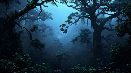 Dark Moody Forest Scene With Glowing Foliage And Foggy Atmosphere During Nighttime