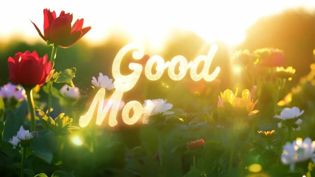 Vibrant sunrise blooms with illuminated "good morning" amid flower field