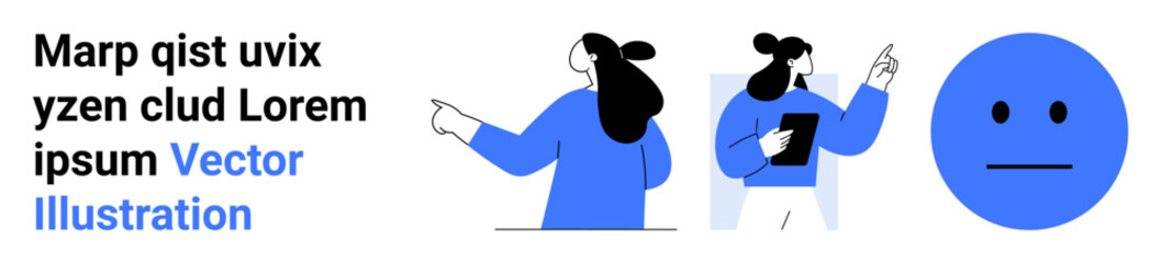 Two animated characters pointing and holding a tablet while conversing. Blue emoticon face with neutral expression. Ideal for tech websites, educational content, presentations, social media graphics