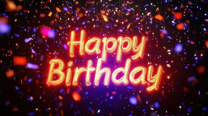 Bright colors illuminate the atmosphere with glowing text that reads Happy Birthday, surrounded by falling confetti, creating a joyful celebration reminiscent of birthday parties