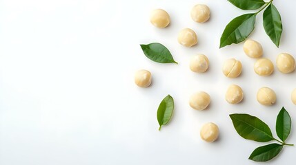 Shelled and unshelled macadamia nuts with leaves