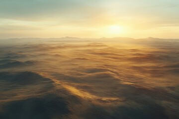 Fototapeta premium Vast desert landscape at sunset, golden sand dunes stretching to hazy mountains under a warm sky.
