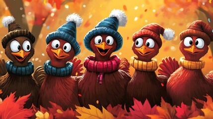 Five Friendly Turkeys Wearing Hats and Scarves in Autumn Setting