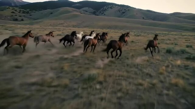 Wild horses galloping across open grassland at dusk with mountains in background. Aerial drone footage of free mustangs running in western American wilderness landscape at sunset.