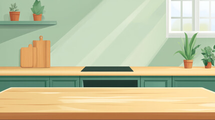 Natural Harmony: Wooden Tabletop in a Modern Green Kitchen

