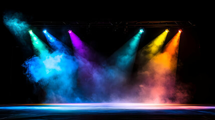 Colorful Stage Lighting With Smoke And Dynamic Spectrum Effects Over Dark Background