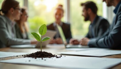 Young sprout on table at business meeting. Professionals discuss initiatives for greener future. Collaboration, strategy, corporate responsibility for environmental impact, sustainable investment,