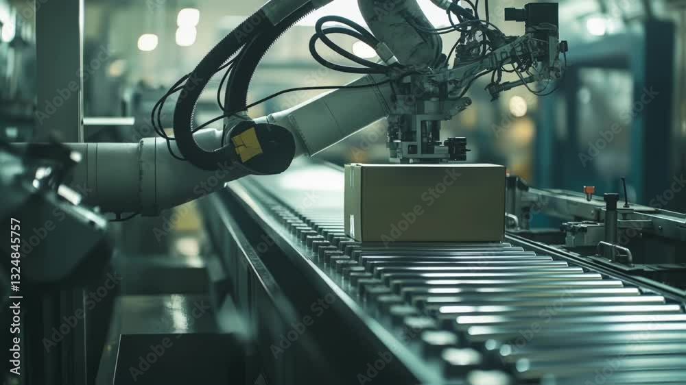 Poster innovative robotic arm efficiently placing cardboard boxes on a moving assembly line inside a techno
